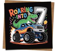 Roaring Into 7 Birthday Card for Boys - Dinosaur & Monster Truck 7th Birthday - Fun Square Greeting Card 145mm x 145mm with Kraft Envelope
