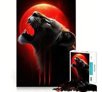 Roaring Lion with Red Moon Jigsaw Puzzles 1000 Pieces for Teenagers Logic Game Warm Time Precise Cut Art Collection Piece (50x75cm)