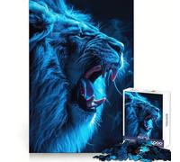 Roaring Neon Blue Lion Hard Jigsaw Puzzle for Adults 1000 Pieces Fine Logic Toy Calm Fun Neat Edge Thoughtful Gift (38x26cm)