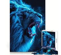 Roaring Neon Blue Lion Jigsaw Puzzles 1000 Pieces for Adults Strengthen Recall Calm Mind Quality Edge Warm Surprise (38x52cm)