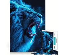 Roaring Neon Blue Lion Jigsaw Puzzles 1000 Pieces for Adults Strengthen Recall Calm Mind Quality Edge Warm Surprise (38x52cm)