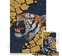 Roaring Tiger Emerging from Cracked Surface 1000 Pieces Jigsaw Puzzles for Adults Memory Gain Calm Mind Design Assembly Creative Gift (38x26cm)