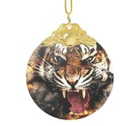 Roaring Tiger Print Christmas Hanging Ornament, Glass Round Pendant For Xmas Tree Festive Holiday Home Decor