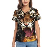 Roaring Tiger Print Women's T Shirt,Sexy V-Neck Short Sleeve Shirt,Casual Breathable Tee,Summer Tops,Lightweight Tee Black