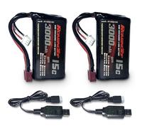 RoaringTop Li-ion Battery 7,4V 3000mAh with T Plug Rechargeable Battery for RC Cars High Speed 4WD and Most RC Cars Trucks Scale 1/10, 1/12, 1/16, with 2 USB Chargers