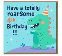 Roarsome Dinosaur 4th Birthday Card for Kids - Cute Green T-Rex with Party Hat and Confetti - Fun Pun for a Four Year Old