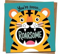 Roarsome Tiger Greeting Card, You're Soooo Roarsome, 145mm x 145mm Square, Fun Birthday Card for Kids or Anyone, Blank Inside, Kraft Envelope Included