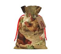(Roast Chicken Hen Farm) Print Christmas New Year Candy Gift Bag, Red Xmas Ribbon Drawstring Bags for Kids Xmas Holiday Eve Presents S Size
