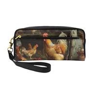 Roast Chicken Hen Farm Printed Leather Makeup Bags with Wrist Strap Portable Travel Toiletry Bag Cosmetic Organizer Bag for Women