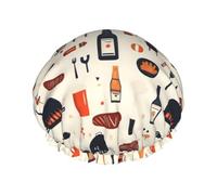 Roasted Sausage Wine Print Shower Caps for Women, Reusable Double Layers Elastic Band Long Hair Bath Caps for Shower