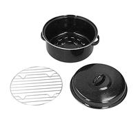 Roaster Pan with Lid, 11 Inch Round Enamel Iron Roasting Pan with Rack for Turkey Meat Bread Veg, Black
