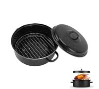 Roasting Pan with Lid, 9.4/10.2 in Enamel Roasting Pan with Lid Round r with Stainless Steel Grill Rack for Turkey Chicken (Iron Cover 26cm)
