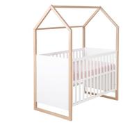 roba 2-in-1 Baby & Co-Sleeping Bed Cabane in House Design - 60 x 120 cm - 6-Height Adjustable - 5 Removable Bars - Bicolor - Natural Wood + White