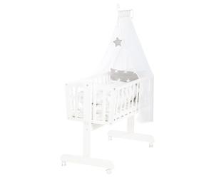 roba Baby Cradle Little Stars 40 x 90 cm Wooden Bassinet - Complete Cradle & Moses Basket Set with Locking Function & Textile Bedding - White/Grey