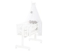 roba Baby Cradle Little Stars 40 x 90 cm Wooden - Bassinet & Cradle - Complete Bed Set with Locking Function & Textile Equipment - White/Gray