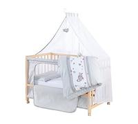 roba Bedside Crib 60 x 120 cm Jumbotwins, Attachable Baby Bed, incl. Mattress, Bedding and Canopy with Elephant Design, Mobile and Height-Adjustable, Natural Wood