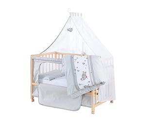 roba Bedside Crib 60 x 120 cm Jumbotwins, Attachable Baby Bed, incl. Mattress, Bedding and Canopy with Elephant Design, Mobile and Height-Adjustable, Natural Wood