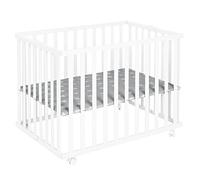 roba Foldable Wooden Playpen, White, 74×100 cm with 'Little Stars' Liner - Space-Saving Baby Play Yard with Wheels