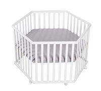 roba Hexagonal Playpen - Baby Play Pen Hexagonal + Insert roba Style Grey - 3-Way Height Adjustable - Mobile Playpen with Wheels - Wood White