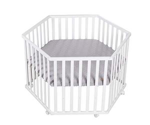 roba Hexagonal Playpen - Baby Play Pen Hexagonal + Insert roba Style Grey - 3-Way Height Adjustable - Mobile Playpen with Wheels - Wood White