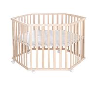 roba Hexagonal Playpen + Protective Insert 'Lil Planet' Grey - Play Yard Made of Beech Wood - Height Adjustable - Solid Wood