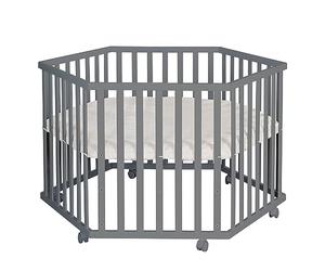 roba Hexagonal Wooden Playpen Anthracite - Mobile Baby Play Yard with Wheels & Greyish Quilted Vegan Leather Liner - Height Adjustable Safety Bars