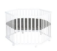 roba Hexagonal Wooden Playpen, White - Mobile Baby Play Yard with Wheels & Graphite Vegan Leather Padded Liner - Adjustable Safety Gate