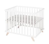 roba Organic Solid Wood Playpen 75 x 100 + Lil Planet Playmat Grey - Oeko-TEX and GOTS Certified - Height Adjustable Base - Retro Design - White Lacquered