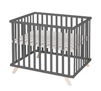 roba Organic Solid Wood Playpen 75 x 100 + Lil Planet Playmat Grey - Oeko-TEX and GOTS Certified - Height Adjustable Base - Retro Design - Anthracite Lacquered