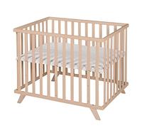 roba Organic Solid Wood Playpen 75 x 100 + Lil Planet Playmat Grey - Oeko-TEX and GOTS Certified - Height Adjustable Base - Retro Design - Natural Finish
