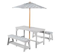 roba Outdoor+ Kids Seating Set incl. 1 Table, 2 Benches, Little Stars Sun Umbrella & Seat Cushions, Solid Wood Grey