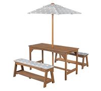 roba Outdoor+ Kids Seating Set incl. 1 Table, 2 Benches, Little Stars Sun Umbrella & Seat Cushions, Solid Wood Teak