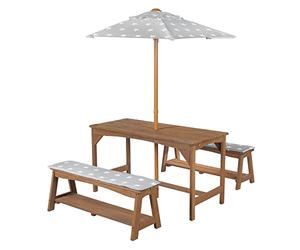roba Outdoor+ Kids Seating Set incl. 1 Table, 2 Benches, Little Stars Sun Umbrella & Seat Cushions, Solid Wood Teak