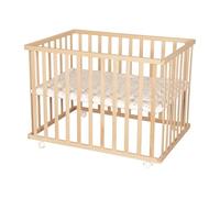 roba Playpen 75 × 100 cm with 'Sternenzauber grau' Insert - Playpen with Protective Padding and Lockable Wheels - Height-Adjustable & Mobile - Natural Wood