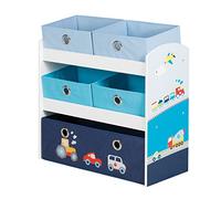 roba Racer Toy Shelf - Toy Shelf for Children's Room with 5 Fabric Boxes - with car Motif in Blue - Storage Shelf for Boys and Girls - White Wood