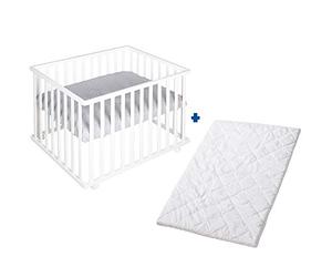roba roba Style Rectangular Baby Playpen 75 x 100 cm + Mattress and Playpen Mat in Silver Grey + Wheels with Brake - White Wood