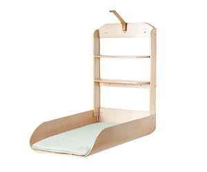 roba Wall-Mounted Changing Table - Foldable Wooden Changing Shelf in Natural Wood with Changing Mat Style Frosty Green, Baby Changing Table with 2 Storage Compartments & Curved Sides