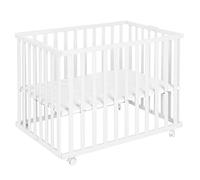 roba White Space-Saving Playard - 75 x 100 cm, Foldable Playpen with Wheels, Height Adjustable, for Baby Girls, Baby Boys, Unisex Baby, Ages 0-24 Months