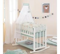 roba Wooden Bassinet 4-in-1 - Woodland Buddies - 45 x 90 cm - Cradle, Bench & Co-Sleeper - Height Adjustable - Incl. Textiles, Canopy & Canopy Rod - White/Pastel Green