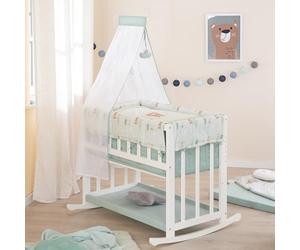 roba Wooden Bassinet 4-in-1 - Woodland Buddies - 45 x 90 cm - Cradle, Bench & Co-Sleeper - Height Adjustable - Incl. Textiles, Canopy & Canopy Rod - White/Pastel Green