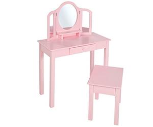 roba Wooden Children's Dressing Table - Play Vanity - Small Cosmetic Table with Mirror for Kids + Chair - Pink