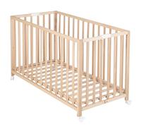 roba Wooden Foldable Cot 60 x 120 cm - Height Adjustable Baby Bed - Wheels with Brakes Included - Natural Wood