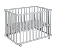 roba Wooden Foldable Playpen Fold Up - Taupe/Grey - 75 x 100 cm - Space-Saving Play Yard incl. Wheels