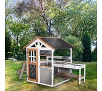 roba Wooden Garden Playhouse - Includes Play Kitchen with Hobs + Picnic Table & Bench for Children - Weatherproof Children's Play House with Stand - Multicoloured
