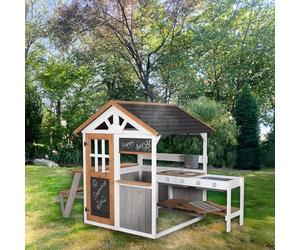roba Wooden Garden Playhouse - Includes Play Kitchen with Hobs + Picnic Table & Bench for Children - Weatherproof Children's Play House with Stand - Multicoloured