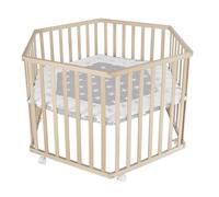 roba Wooden Hexagonal Playpen with Insert 'Little Stars' Design - Height Adjustable - Mobile & Safe - Natural Wood
