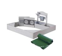 roba Wooden Sandpit with Mud Kitchen & Cover - Sandbox with Play Tub & Printed Stovetops - Weatherproof Gray Stained Wood - from 12 Month Upwards