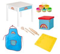 roba x Play-Doh Craft Table with Stool - Playset Made of FSC-Certified Wood with 6 Dough Cans, Wooden Tools, 3D Creative Mat, Apron & Storage Box - from 3 Years