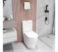 Robanmoa Close Coupled Toilet WC Open Back Comfort Height Toilets for Bathrooms Cloakroom, White Ceramic Pan & Dual Flush Cistern Soft Close Seat Oval Compact Toilets