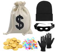 Robber Costume Set-6Pcs with Eye Patch, Gloves, Black Knit Hat, Money Pouch, Small Coloured Gemstones, Plastic Gold Coins, Halloween Carnivals Cospaly Fancy Dress up Costume Set for Adults Kids
